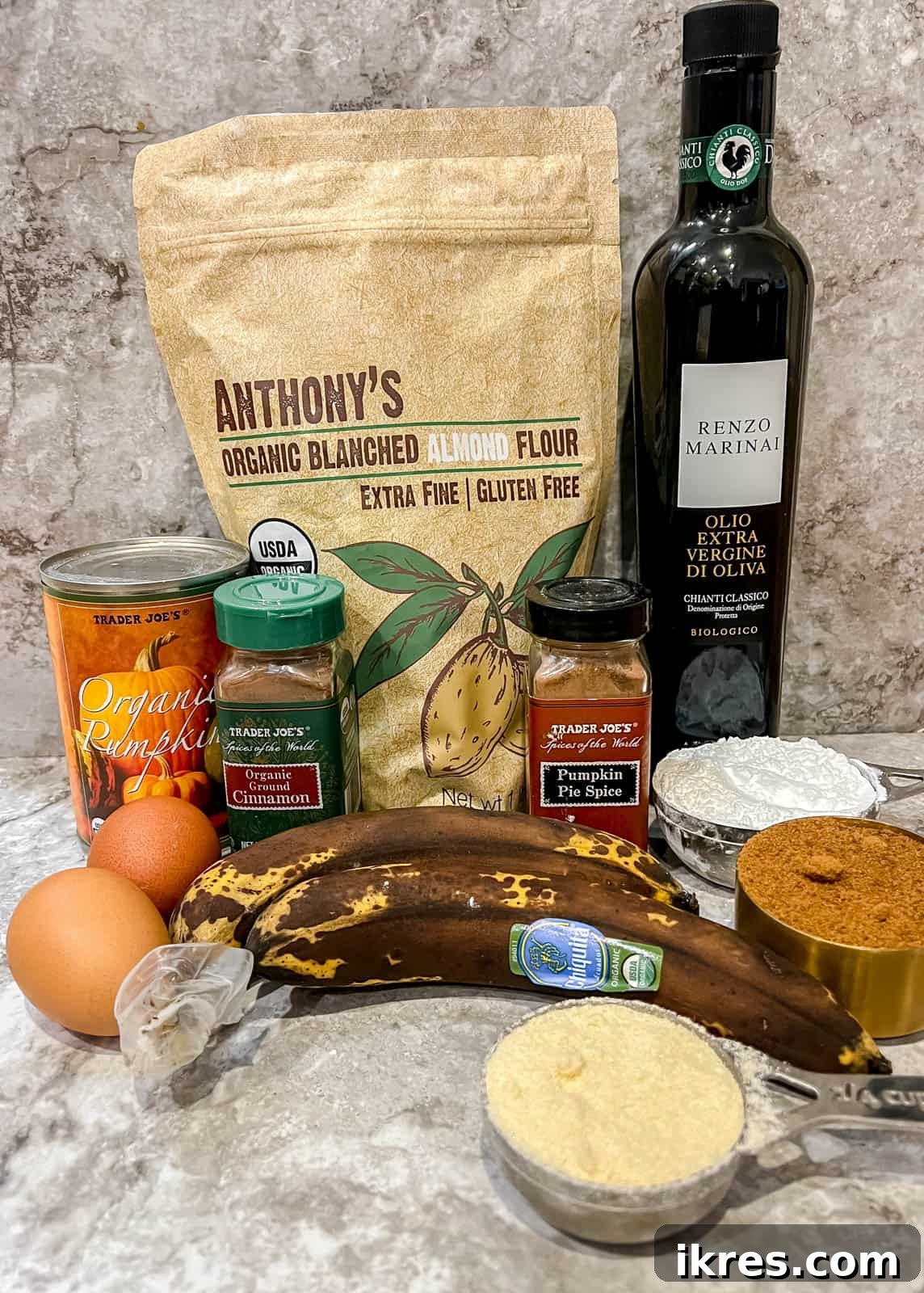 Wholesome Paleo Cinnamon Swirl Pumpkin Banana Bread 4 All the fresh and dry ingredients laid out beautifully for making Paleo pumpkin banana bread.