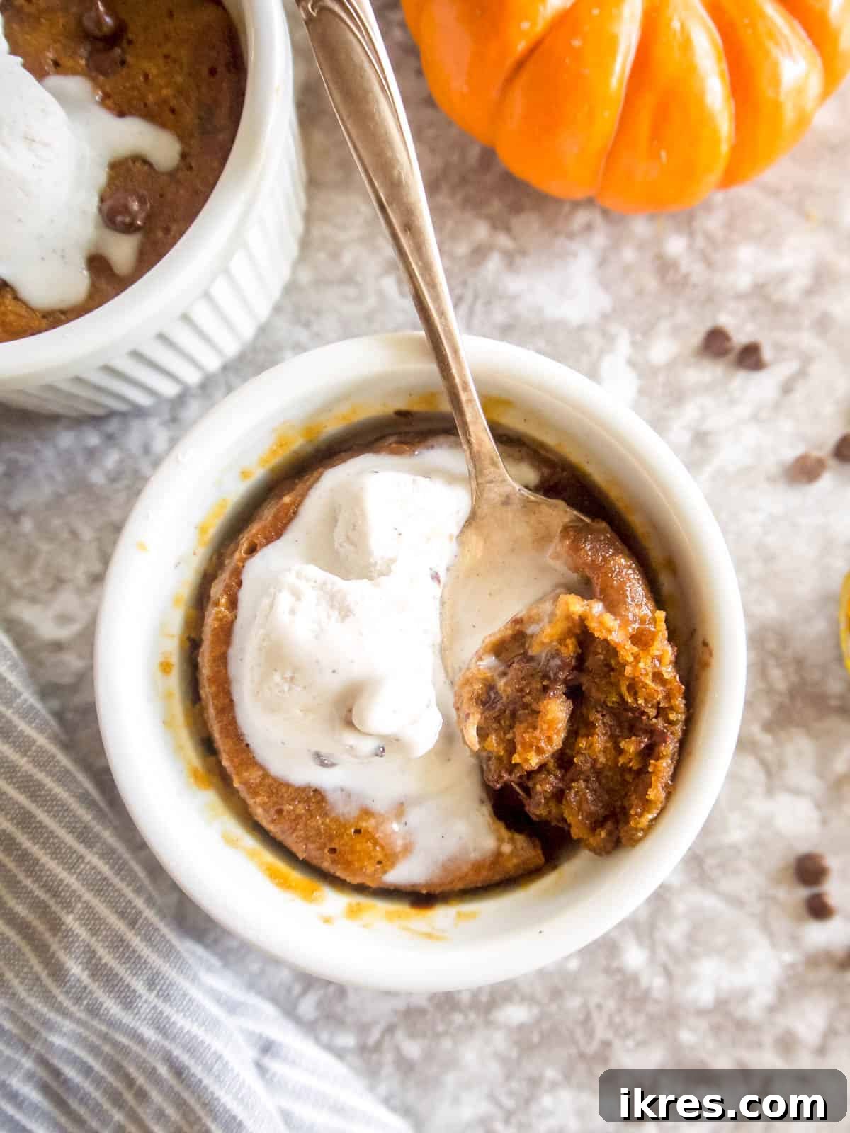Easy Paleo Pumpkin Spice Mug Cake 11 A top-down view of a delectable pumpkin chocolate chip mug cake, invitingly warm and ready to eat.