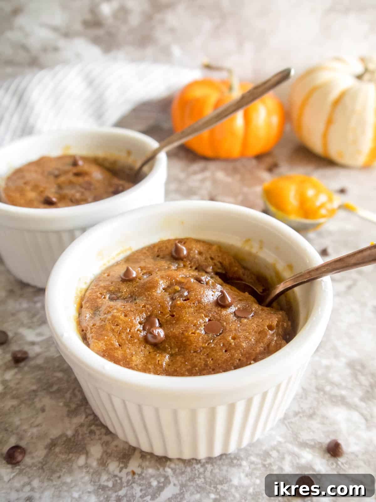 Easy Paleo Pumpkin Spice Mug Cake 9 A pumpkin mug cake fresh out of the microwave, slightly puffed and golden.