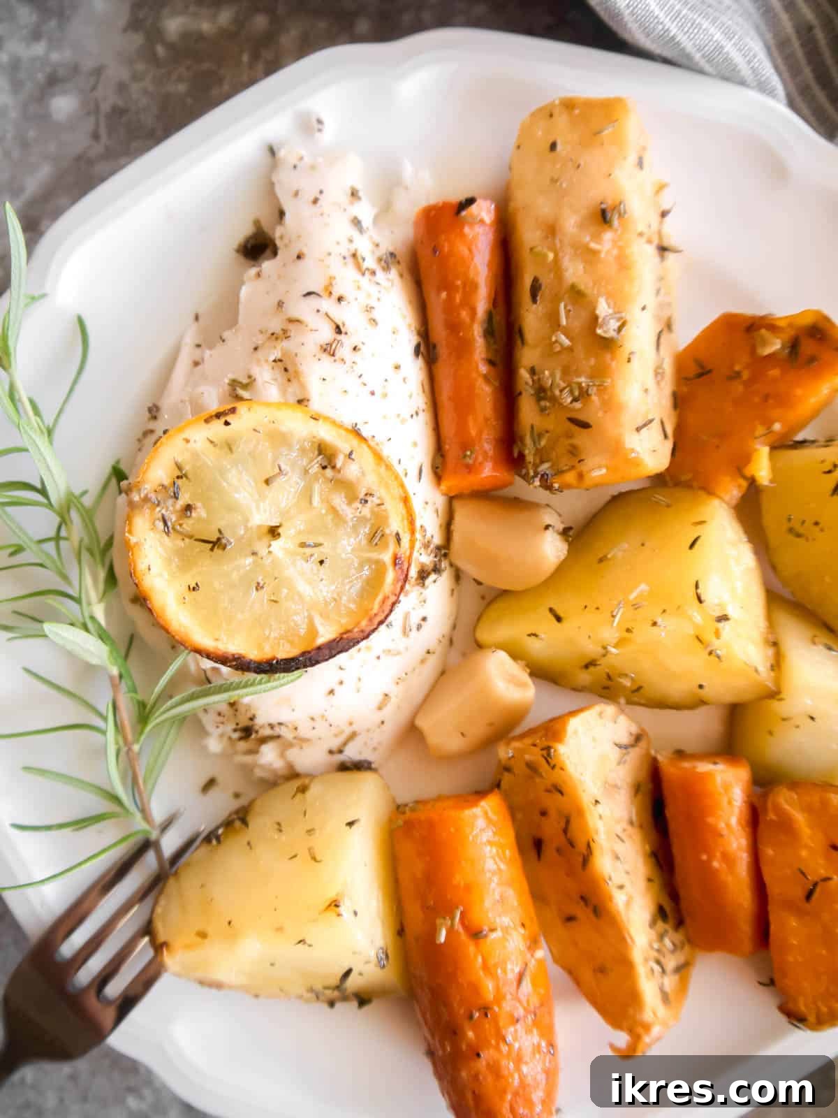 Golden Roast Chicken with Apples and Potatoes Dairy Free 9 Beautifully plated roast chicken and apple recipe, garnished with fresh herbs and served with an assortment of roasted vegetables.