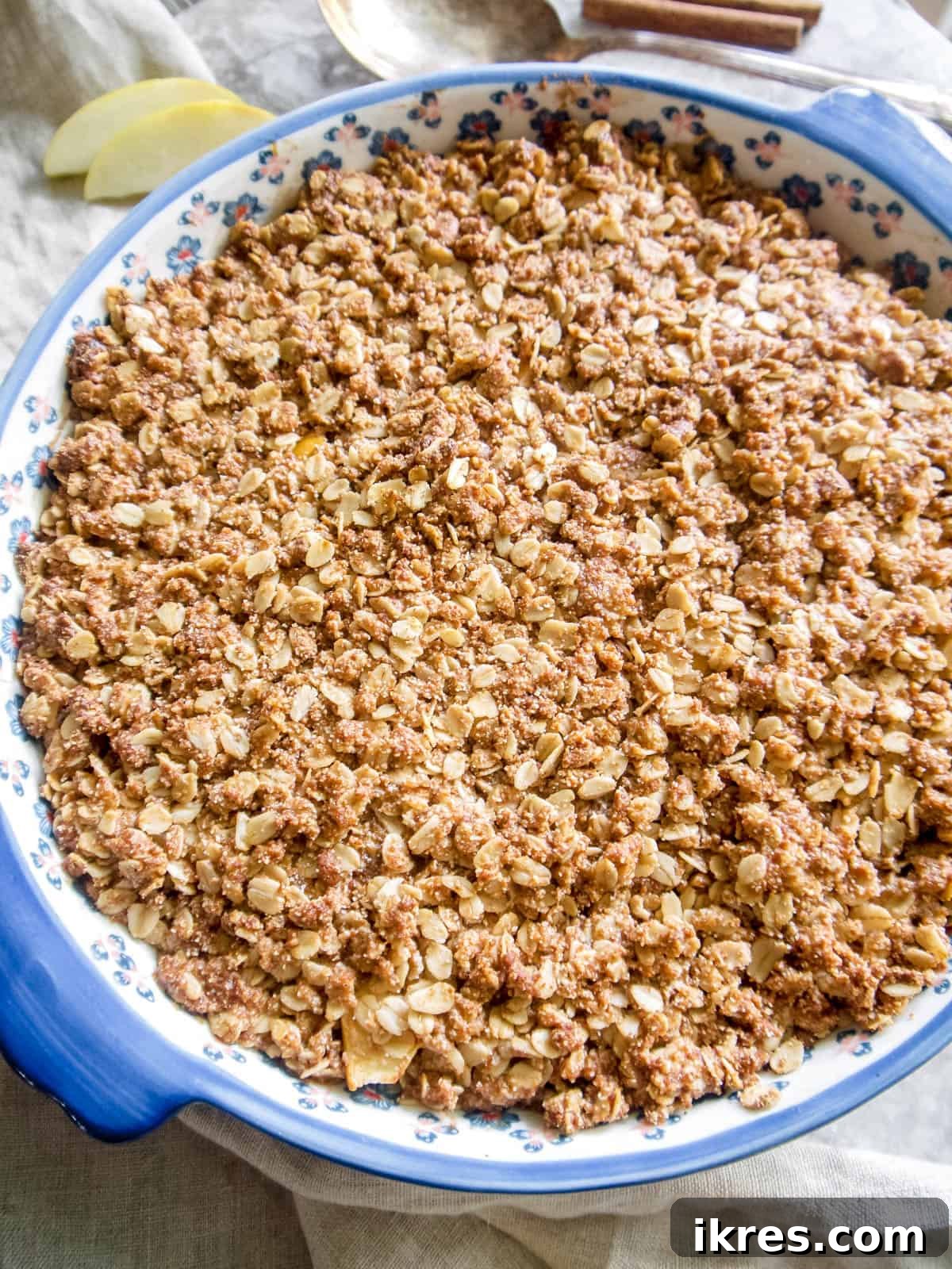 A close-up of the freshly baked vegan gluten-free apple crisp, with a golden-brown, bubbly topping.