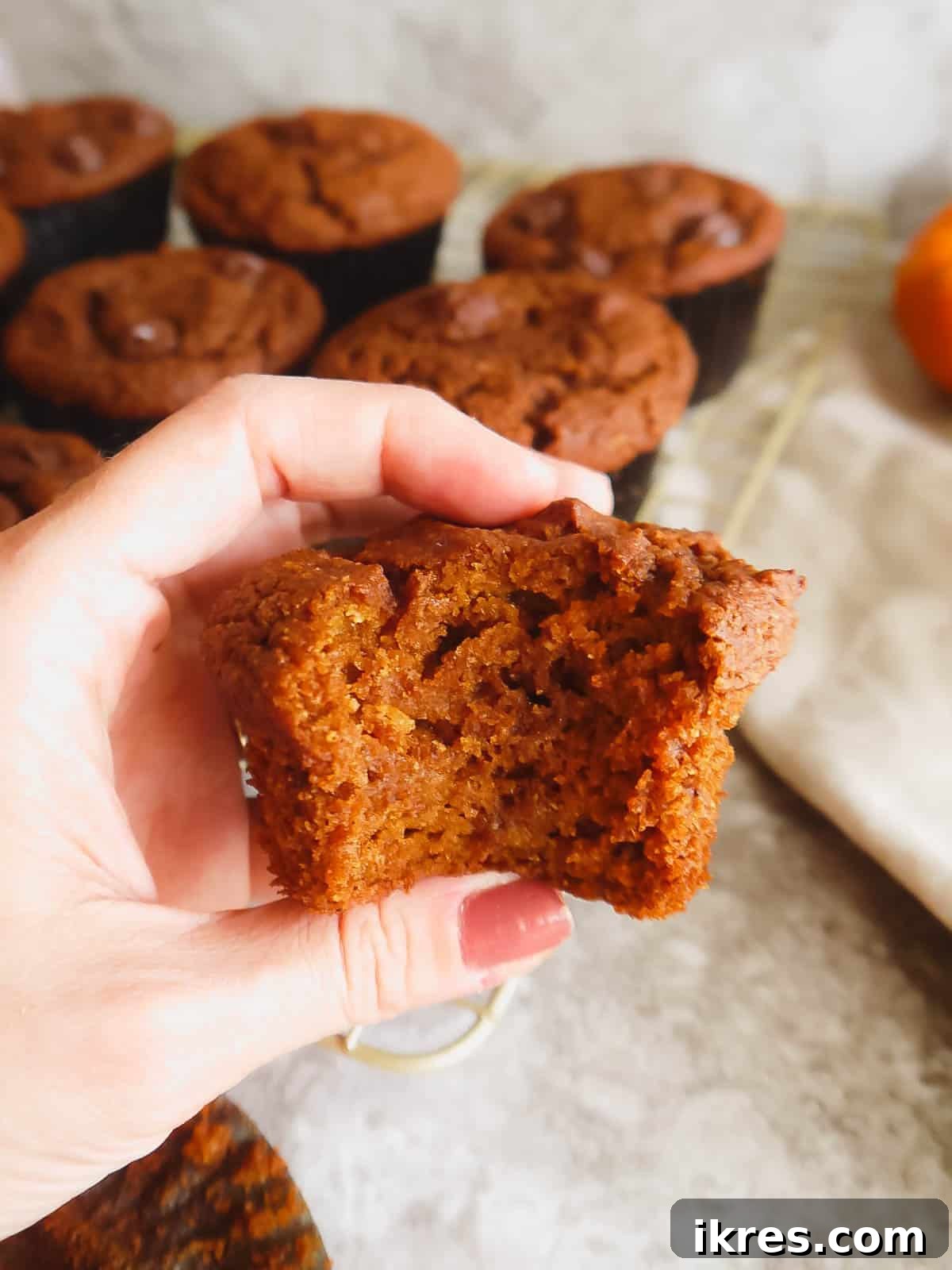 A bite taken out of a delicious paleo pumpkin muffin, showcasing its tender crumb.