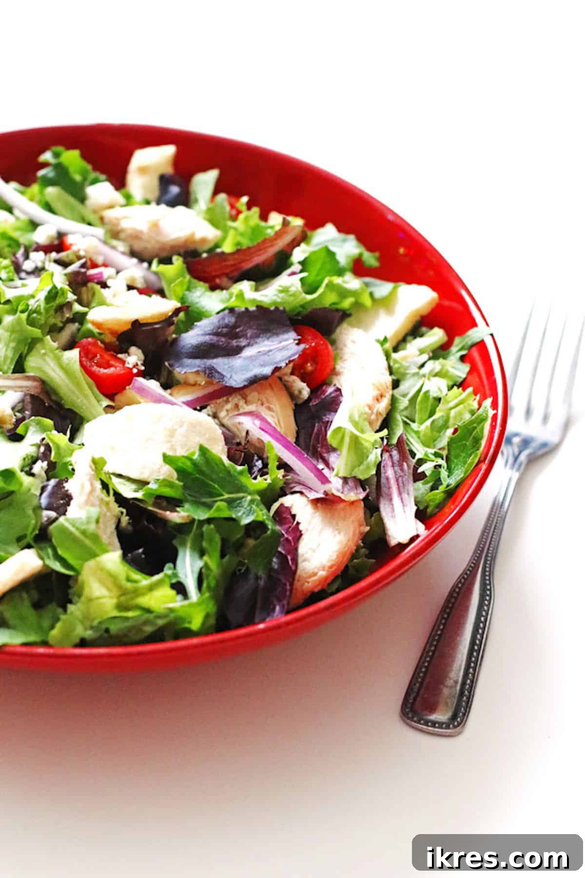 Fuji Apple Chicken Salad Inspired by Panera 2 A vibrant red bowl filled with Panera Fuji Apple Salad, featuring mixed greens, red onions, thinly sliced tomatoes, tender chicken, crisp apple chips, crumbled gorgonzola, and drizzled with white balsamic dressing.