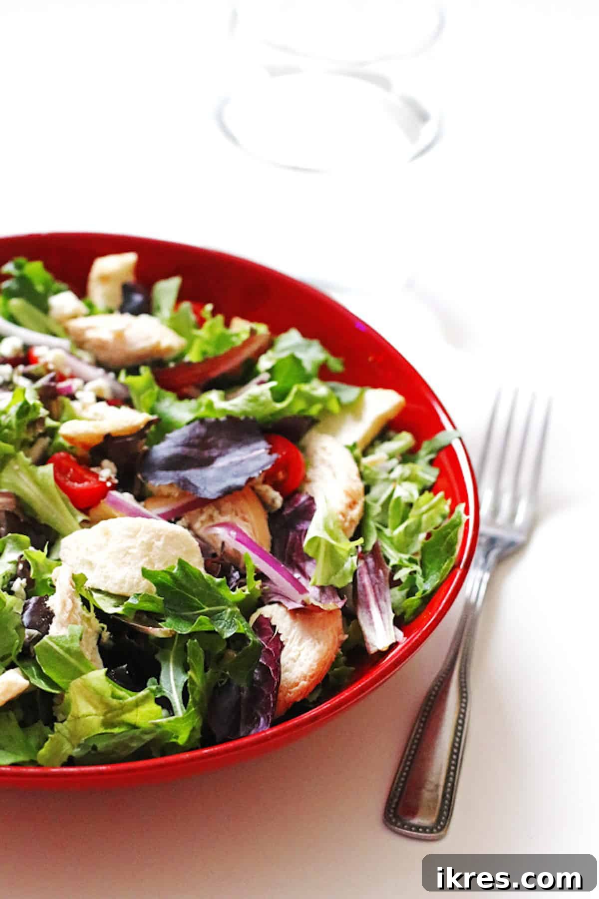 Fuji Apple Chicken Salad Inspired by Panera 3 A beautifully arranged red bowl of Panera Fuji Apple Chicken Salad, showcasing the rich colors of the greens, chicken, apples, and dressing.