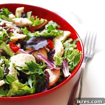 Fuji Apple Chicken Salad Inspired by Panera 4 A red bowl of fuji apple salad with red leaf lettuce and greens, red onions, tomatoes, chicken, apple chips, gorgonzola, and balsamic dressing.