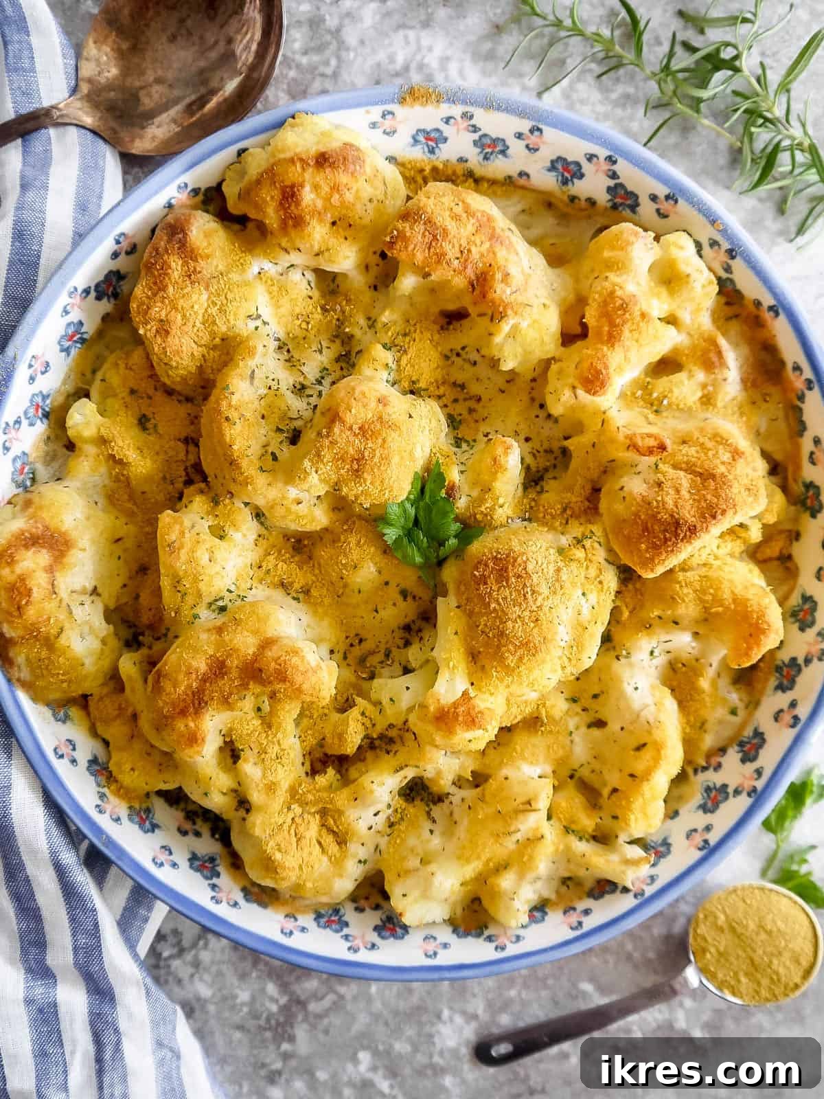 Vegan Paleo Dairy Free Cauliflower Bake 9 The vegan cauliflower au gratin, fresh out of the oven, with a beautiful browned and bubbly top.