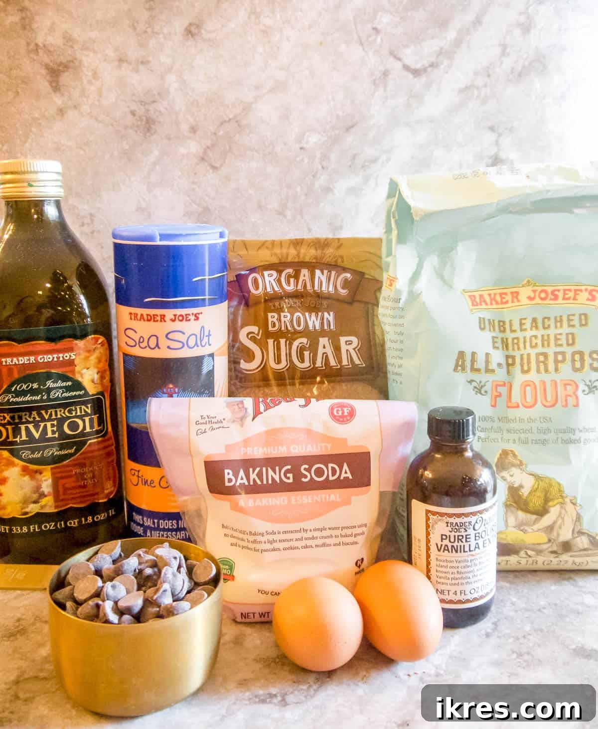 Plant Based Olive Oil Chocolate Chip Cookies 3 Ingredients needed to make olive oil chocolate chip cookies.