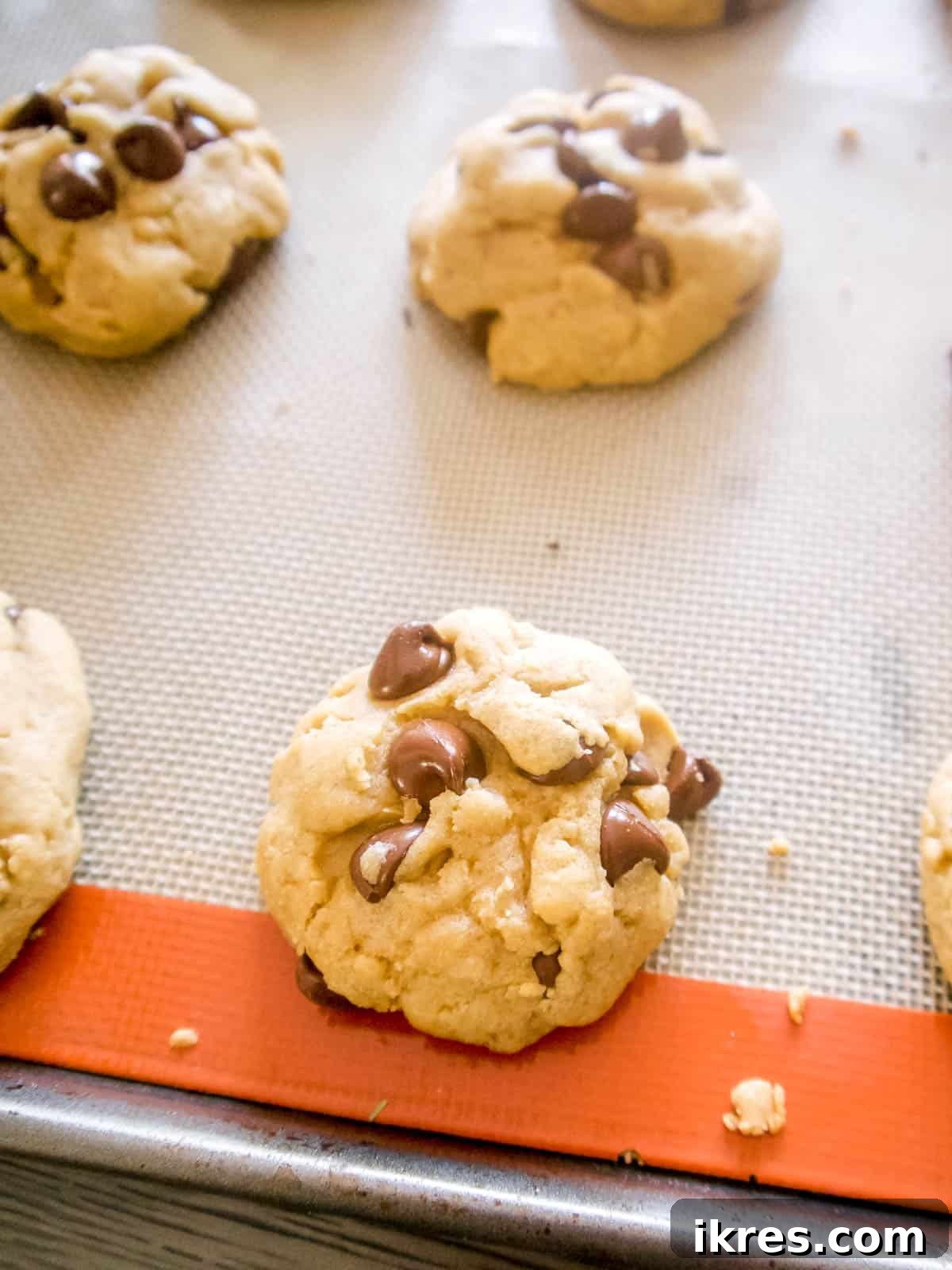 Plant Based Olive Oil Chocolate Chip Cookies 8 Cookies freshly baked on a cookie sheet.
