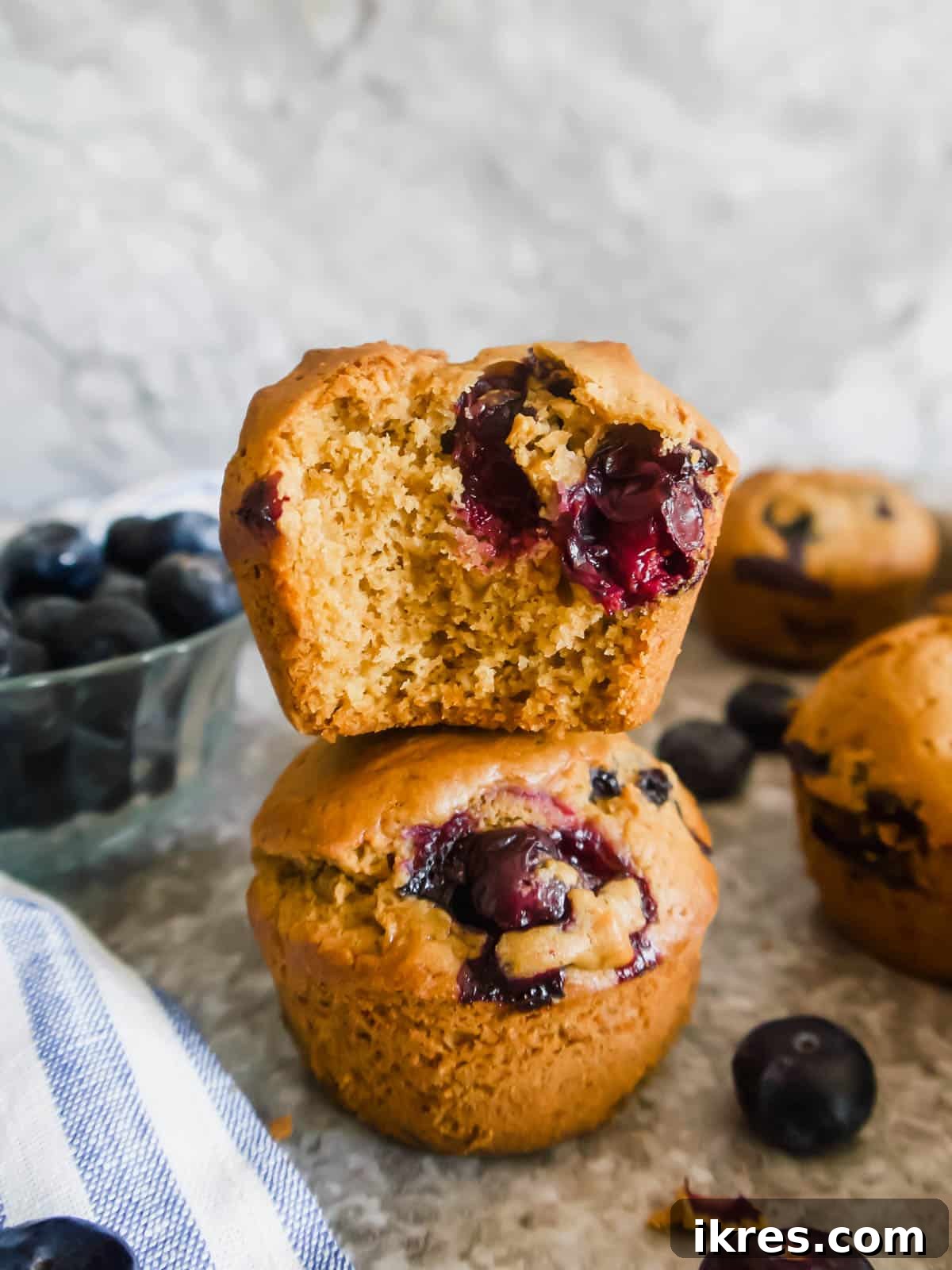 Naturally Dairy-Free Olive Oil Blueberry Muffins 2 Stacked dairy-free blueberry muffins made with olive oil, garnished with fresh blueberries.
