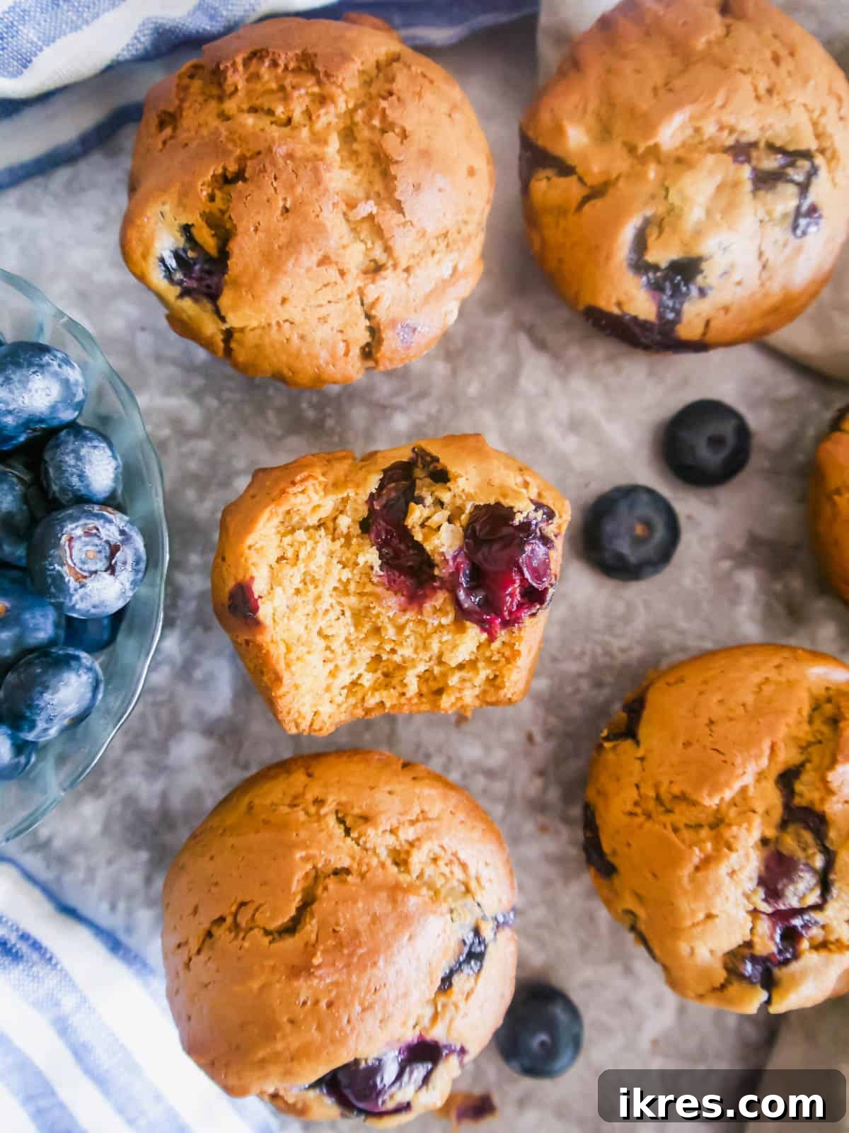 Naturally Dairy-Free Olive Oil Blueberry Muffins 12 A dairy-free blueberry muffin made with olive oil with a bite taken out, showing its fluffy interior and juicy blueberries.