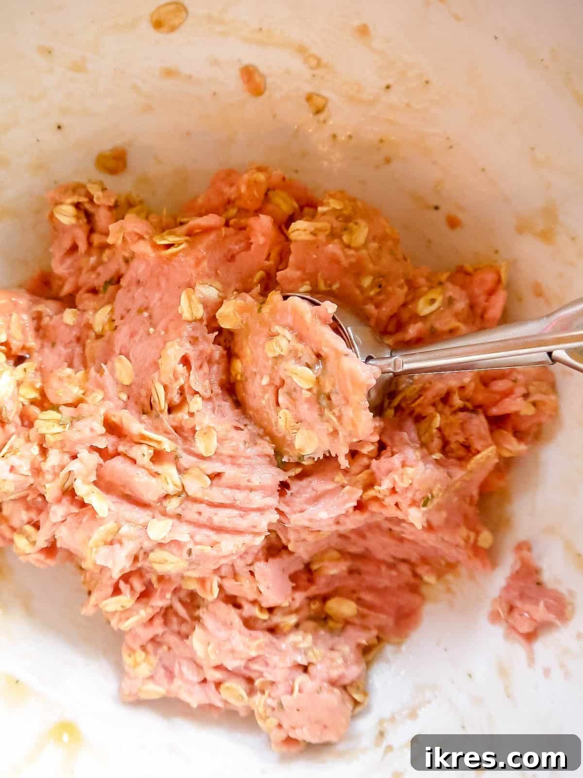 Gluten Free Dairy Free Turkey Meatballs with Oats 5 All the meatball ingredients thoroughly mixed together in a large mixing bowl.