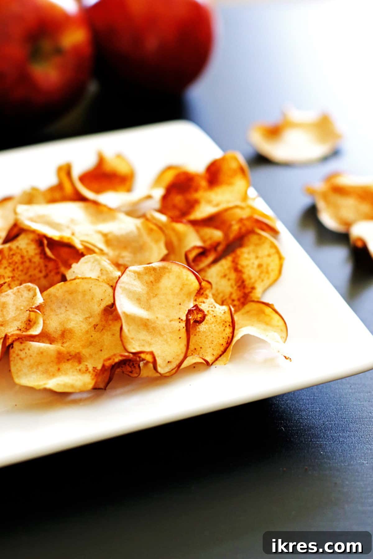 Sweet & Crunchy Oven Apple Treats 5 A white plate showcasing a delightful serving of crispy baked cinnamon apple chips.