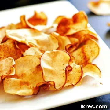 A plate of crispy cinnamon apple chips, ready to be enjoyed.