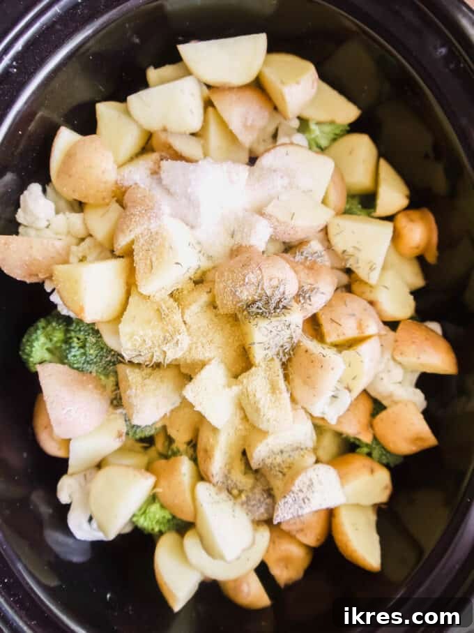 Comforting Slow Cooker Chicken Pot Pie Soup Whole30 Paleo Dairy Free 5 Full-fat coconut cream, herbs, and chicken broth being poured over the chicken and vegetables in the slow cooker.