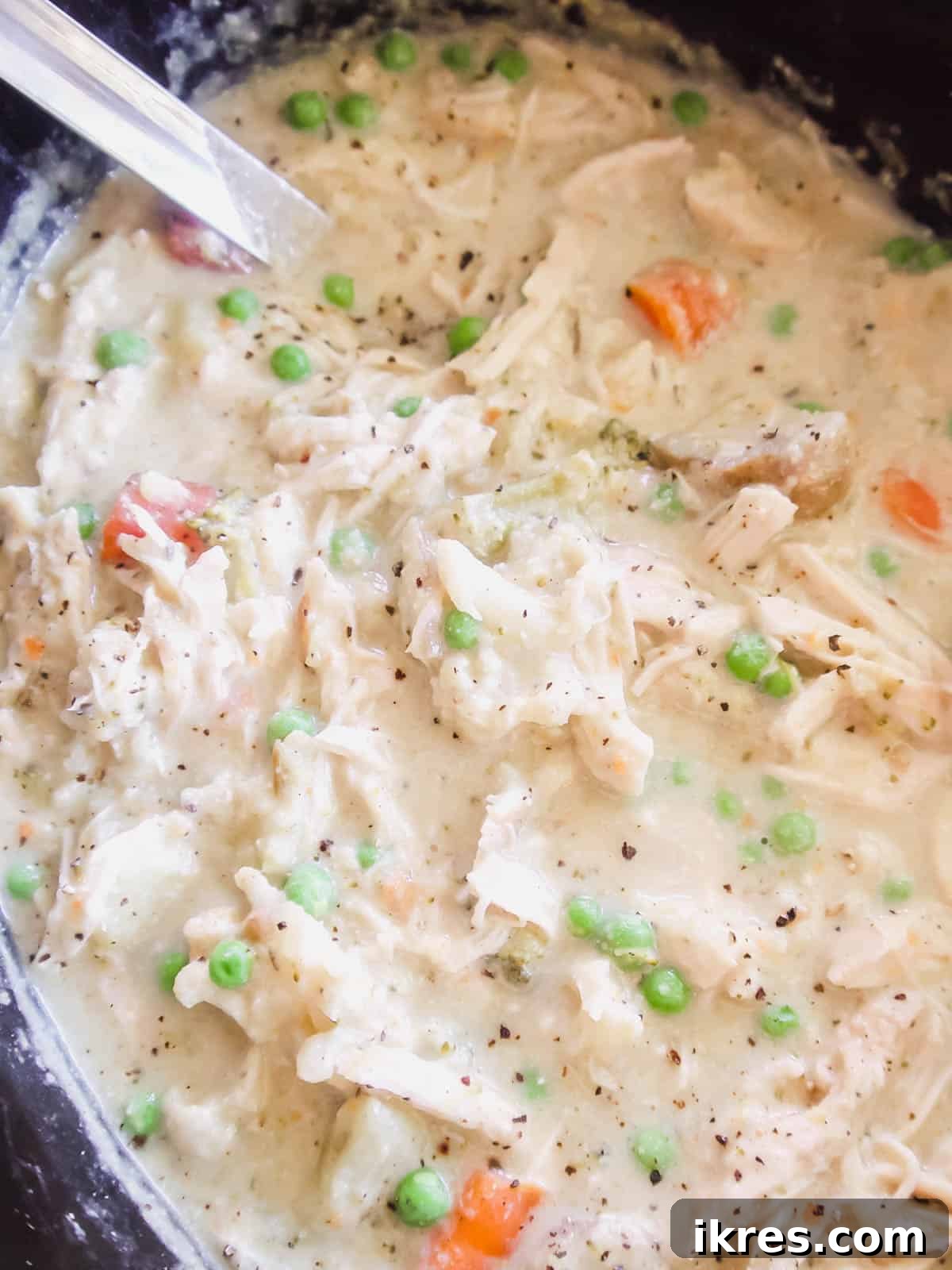 Comforting Slow Cooker Chicken Pot Pie Soup Whole30 Paleo Dairy Free 7 Shredded chicken and blended soup mixture returned to the slow cooker, stirred thoroughly with remaining soup.