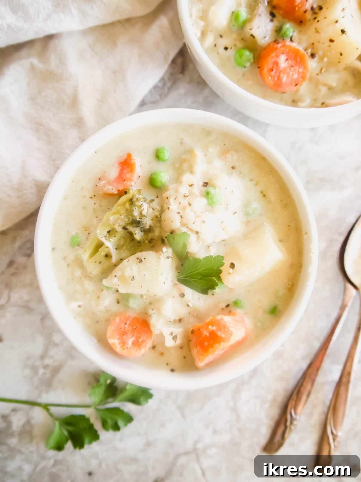 Comforting Slow Cooker Chicken Pot Pie Soup Whole30 Paleo Dairy Free 8 A close-up of a bowl of creamy Slow Cooker Chicken Pot Pie Soup, showing rich texture and pieces of chicken and vegetables.