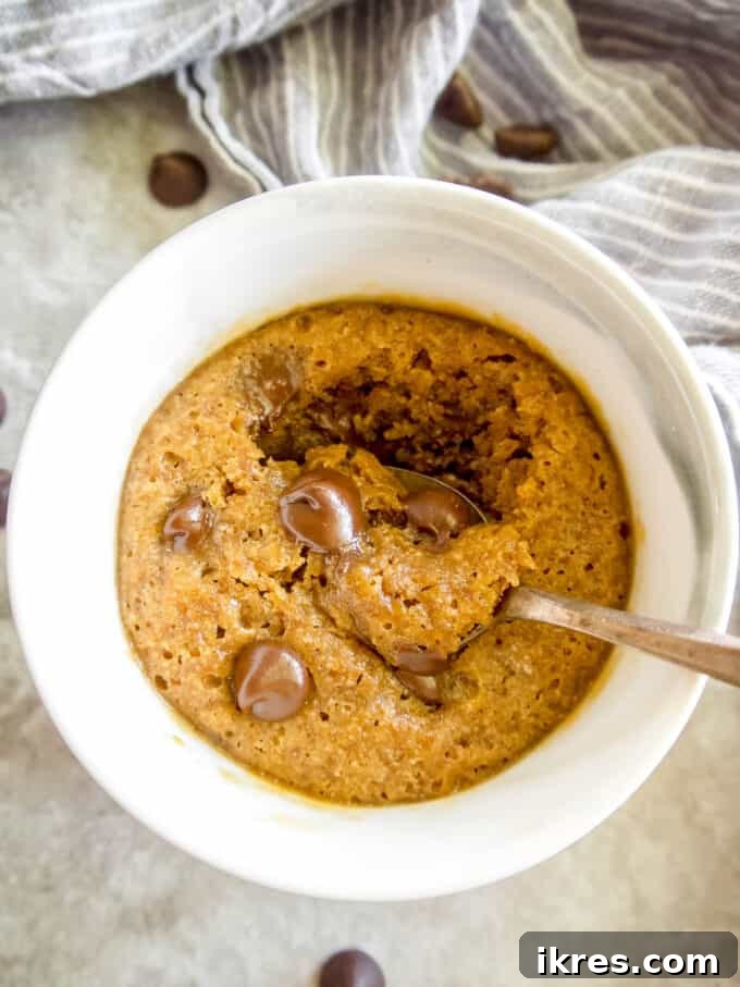Guilt-Free Paleo Mug Cookie Delight 7 A freshly cooked mug cookie with a spoon ready to dig in.