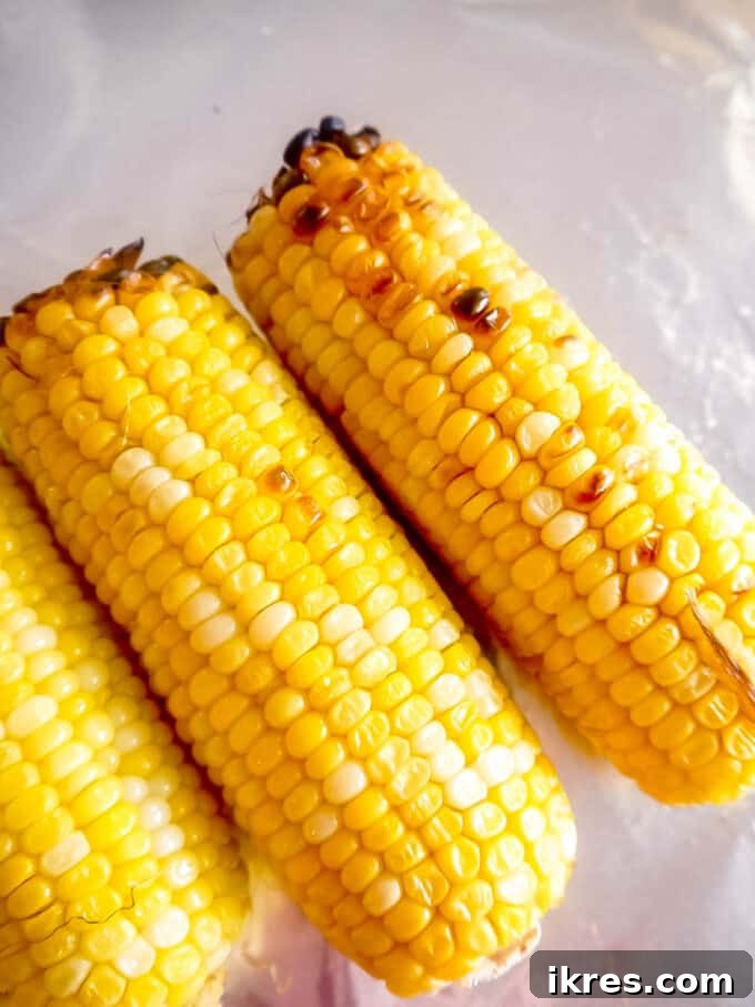 Roasted corn out of the oven, showing golden-brown kernels.
