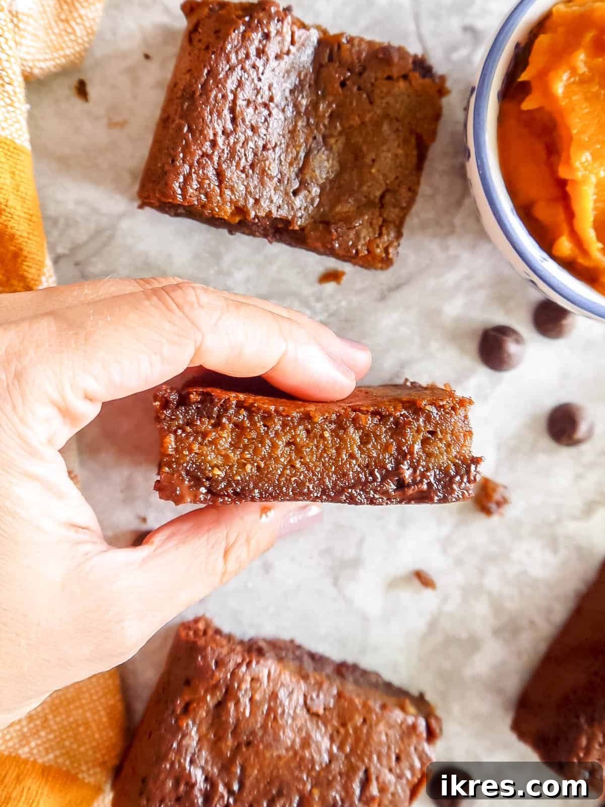 Gooey Gluten-free Chocolate Pumpkin Brownies cut into perfect squares, showcasing their rich texture.