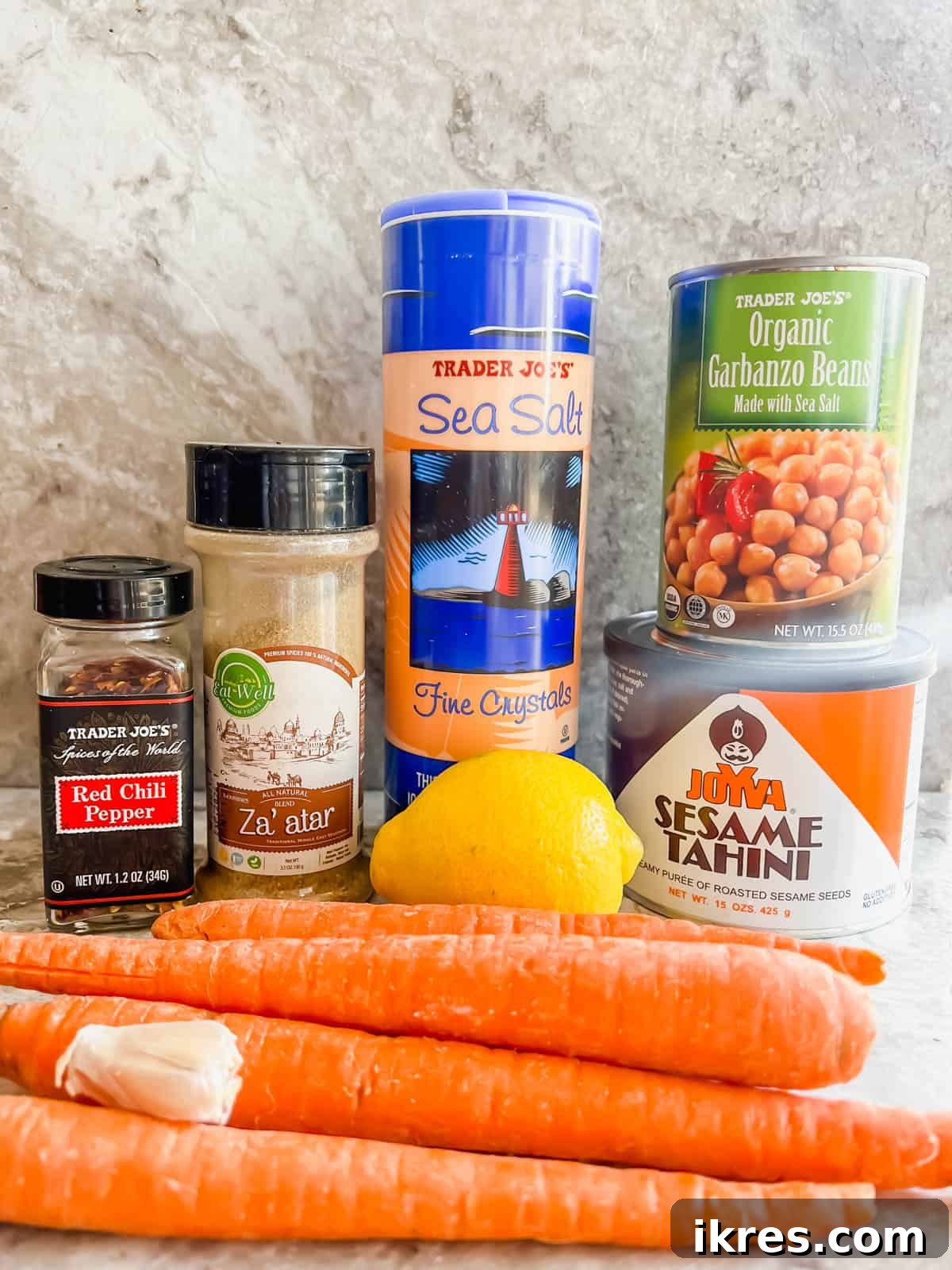 Ingredients needed to make roasted carrot hummus.