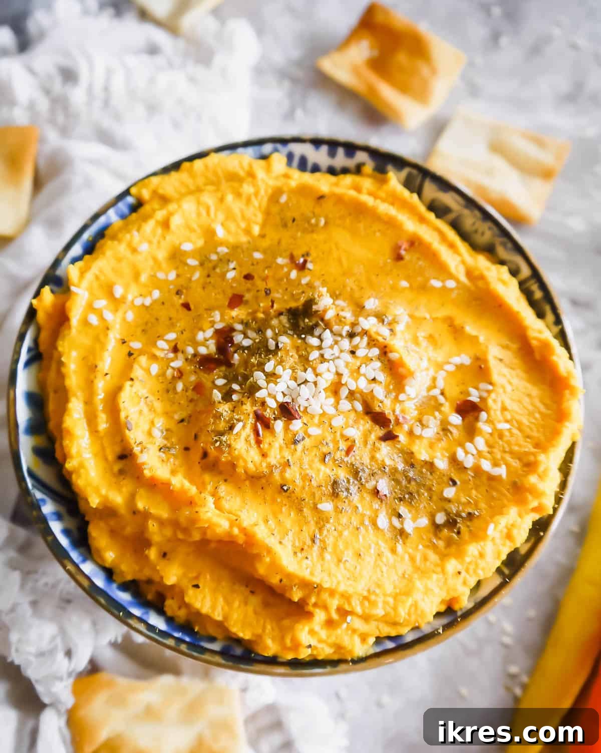 Aerial view of Carrot hummus.