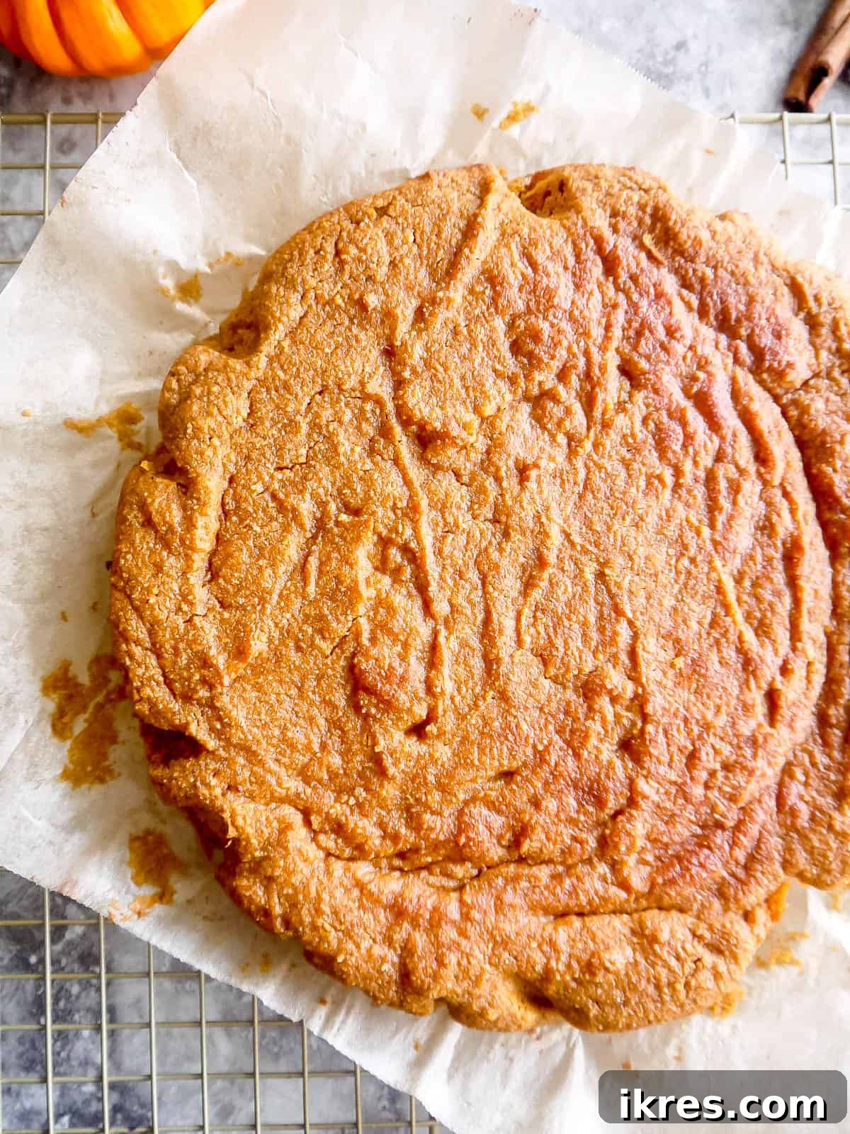 Artisanal Pumpkin Olive Oil Cake 10 The gluten-free pumpkin cake, golden brown and perfectly baked, is shown cooling on a wire rack.