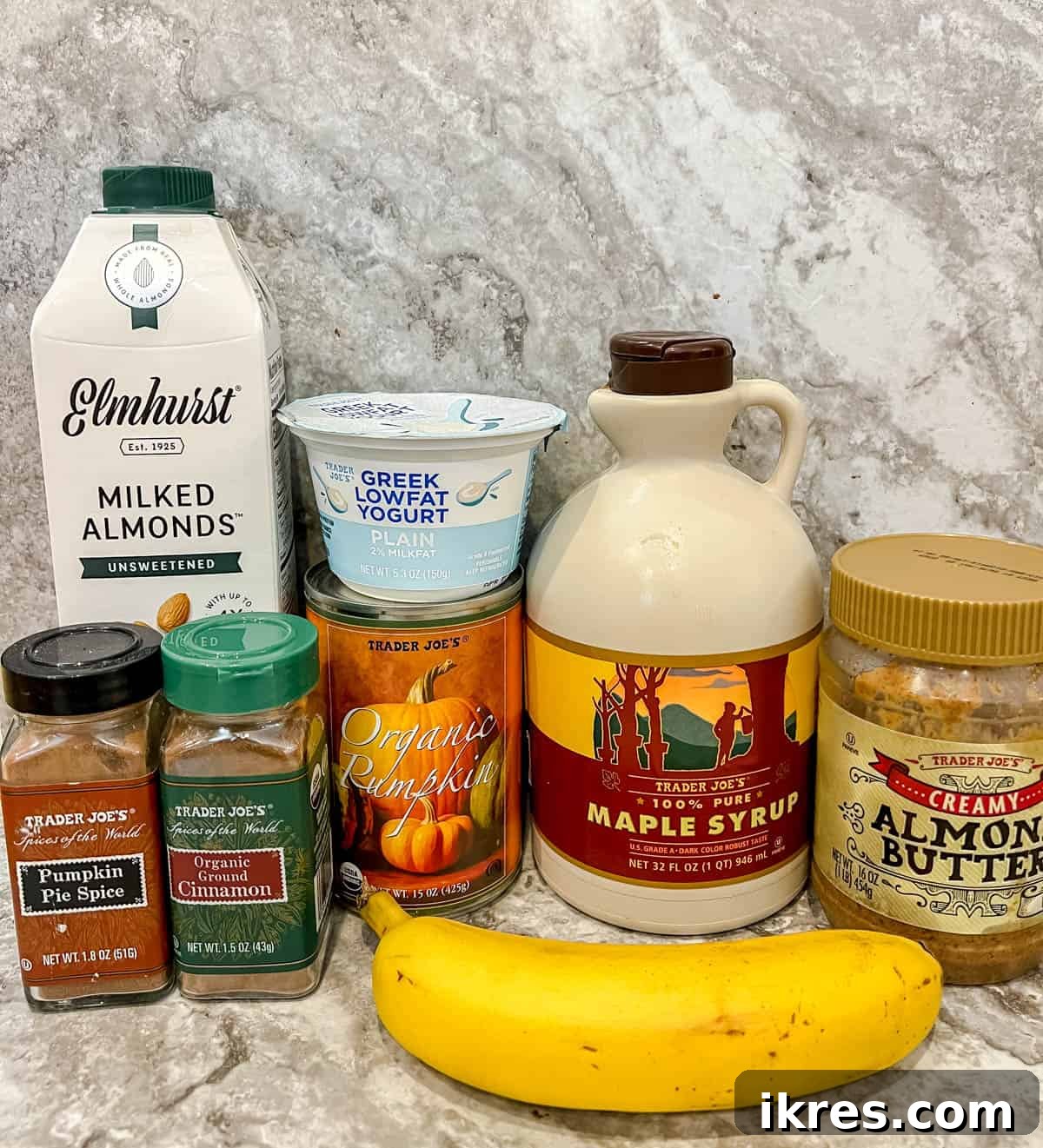 Autumn Spiced Pumpkin Banana Delight 4 A vibrant flat lay showcasing all the fresh, wholesome ingredients required to make this healthy pumpkin smoothie.
