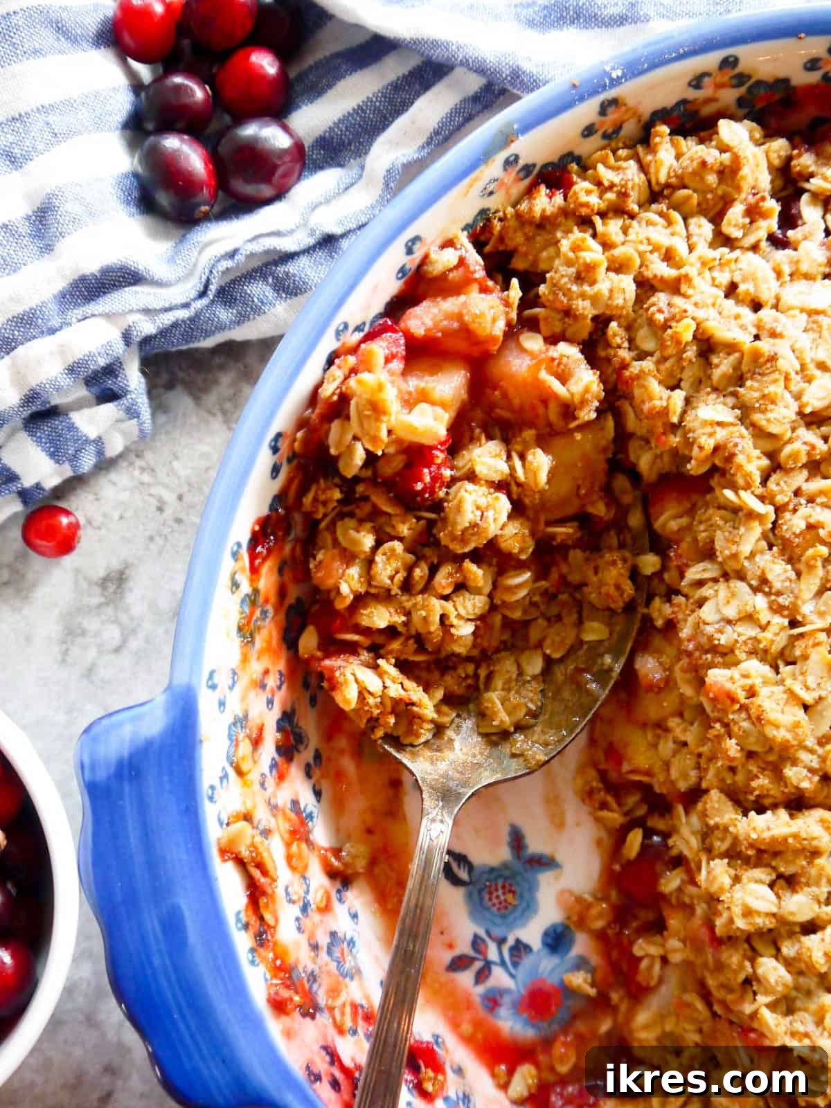 Spiced Pear Cranberry Crisp 2 Spoon in a dish of baked Pear Cranberry Crisp, highlighting its golden topping and juicy fruit filling.