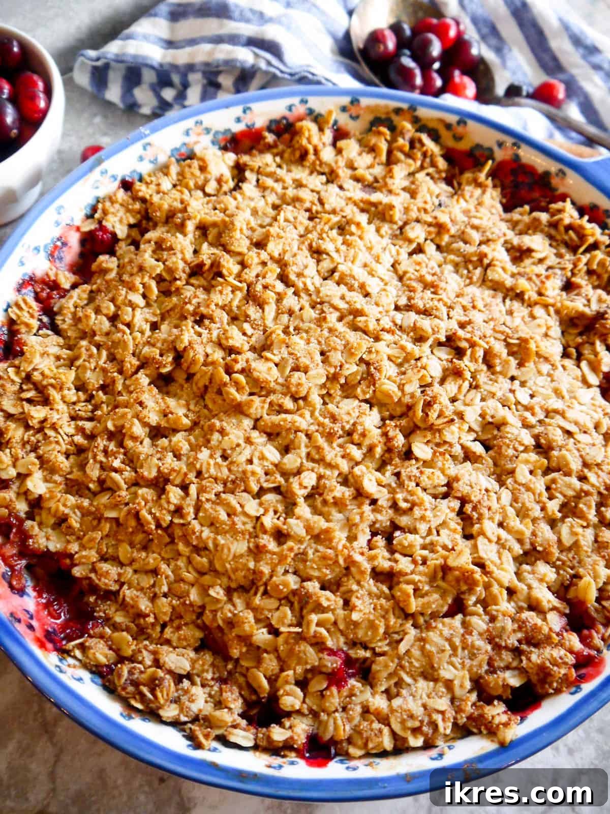 Spiced Pear Cranberry Crisp 3 A freshly baked pear and cranberry crisp, golden brown and bubbling.