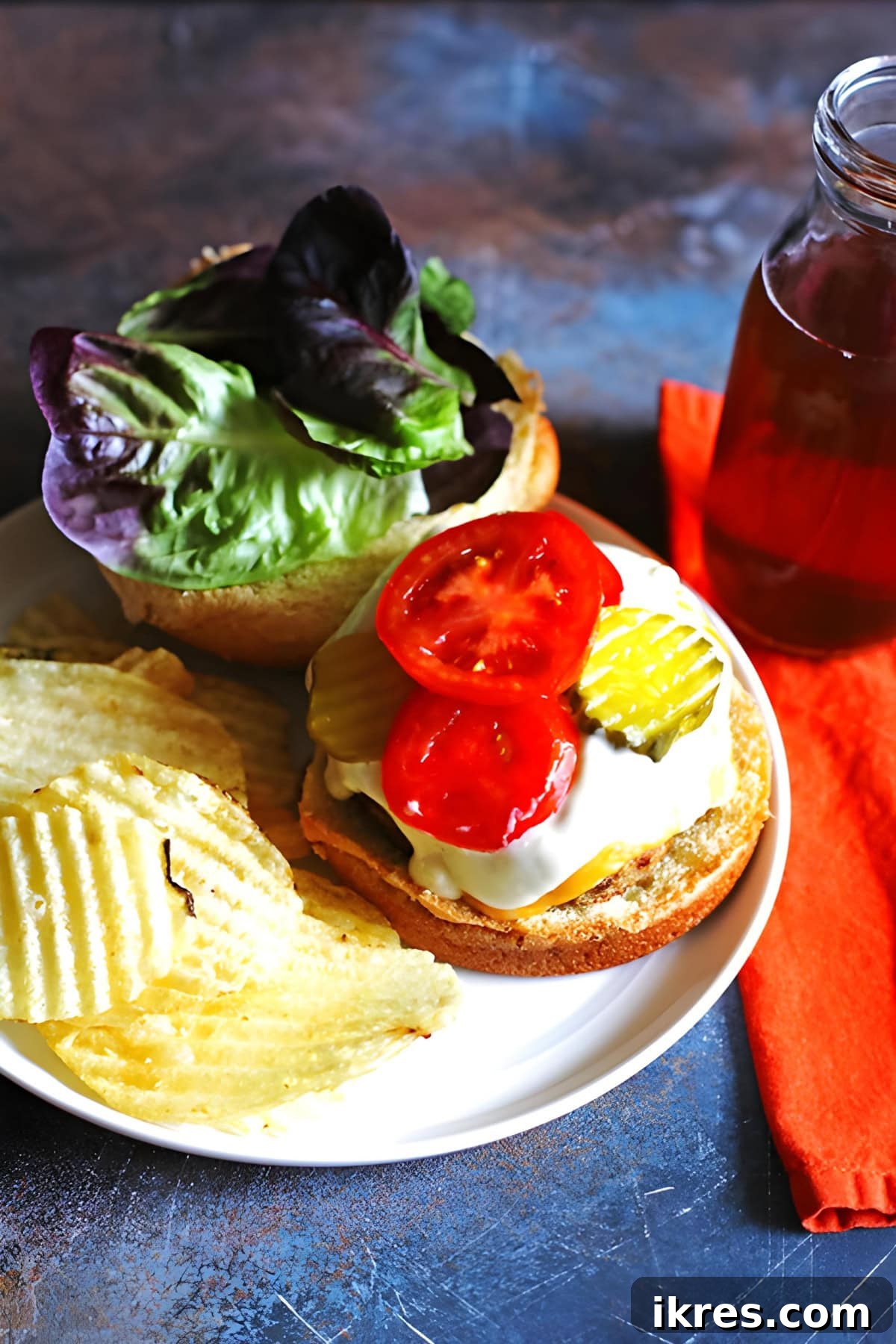 Close-up of a Blue Cheese Burger on a toasted bun, served with a side of crispy chips and dill pickles on a white plate.