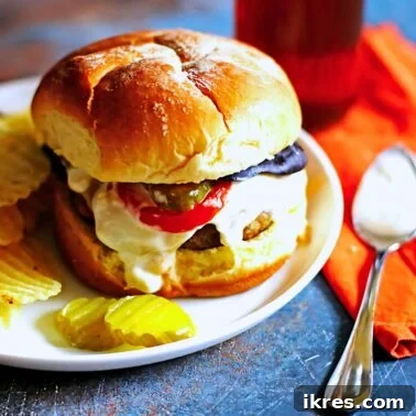 Blue Cheese Burger on a roll with tomato and pickles and extra blue cheese dressing on a white plate.