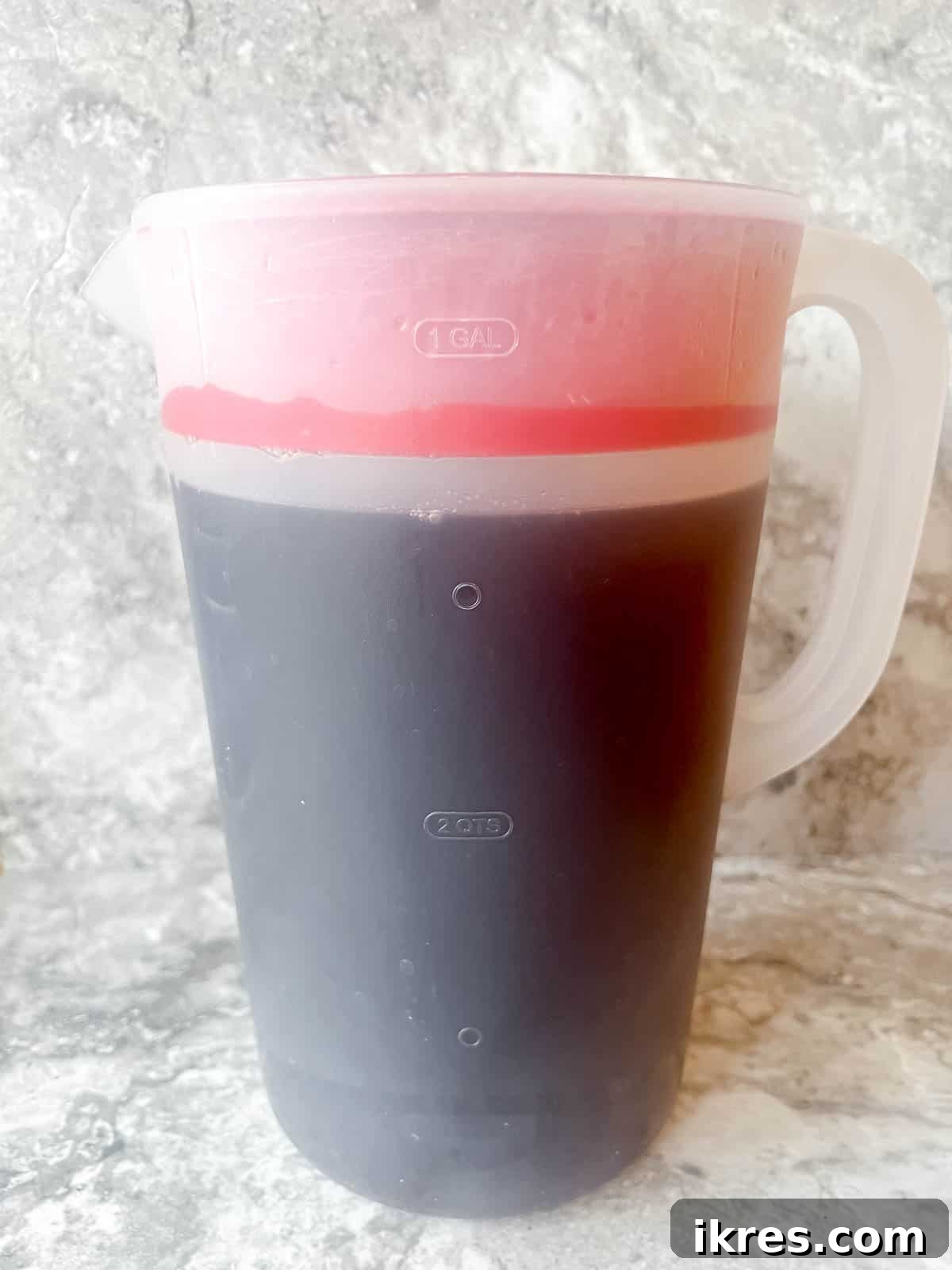 The pitcher of maple iced tea ready for refrigeration.