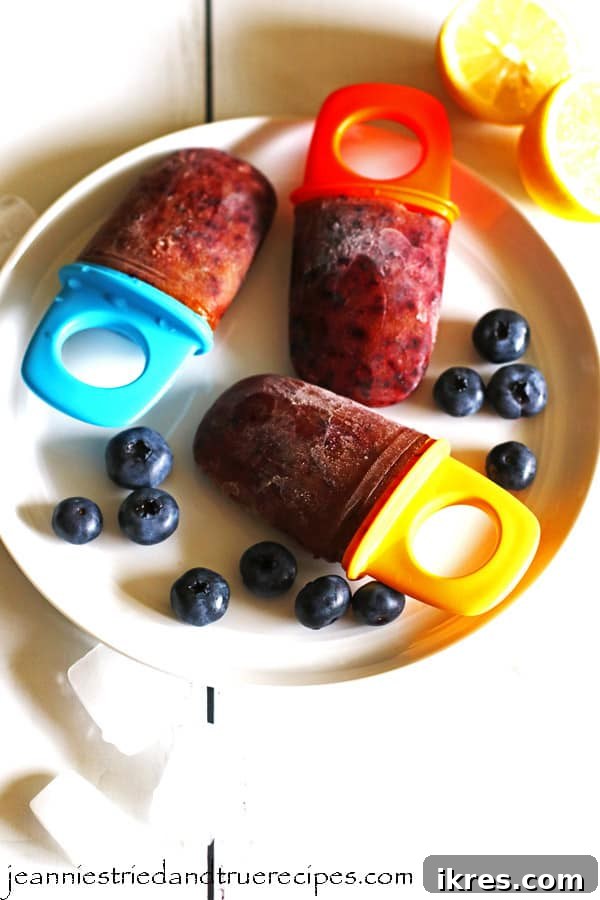 Homemade healthy blueberry lemon popsicles on a white plate with fresh blueberries, ready to be enjoyed.