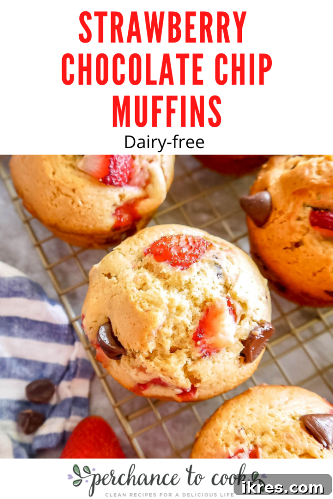 These bakery style strawberry muffins with chocolate chips are fluffy delicious muffins full of both chocolate and strawberry flavor in every bite! They are made with olive oil instead of butter, which makes them a naturally dairy-free recipe.