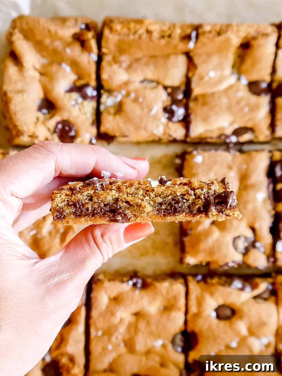 Golden Yolk Almond Chocolate Bars 3 Gluten-free chocolate chip cookie bar held in hand, ready for a bite, showing off its rich chocolatey interior.