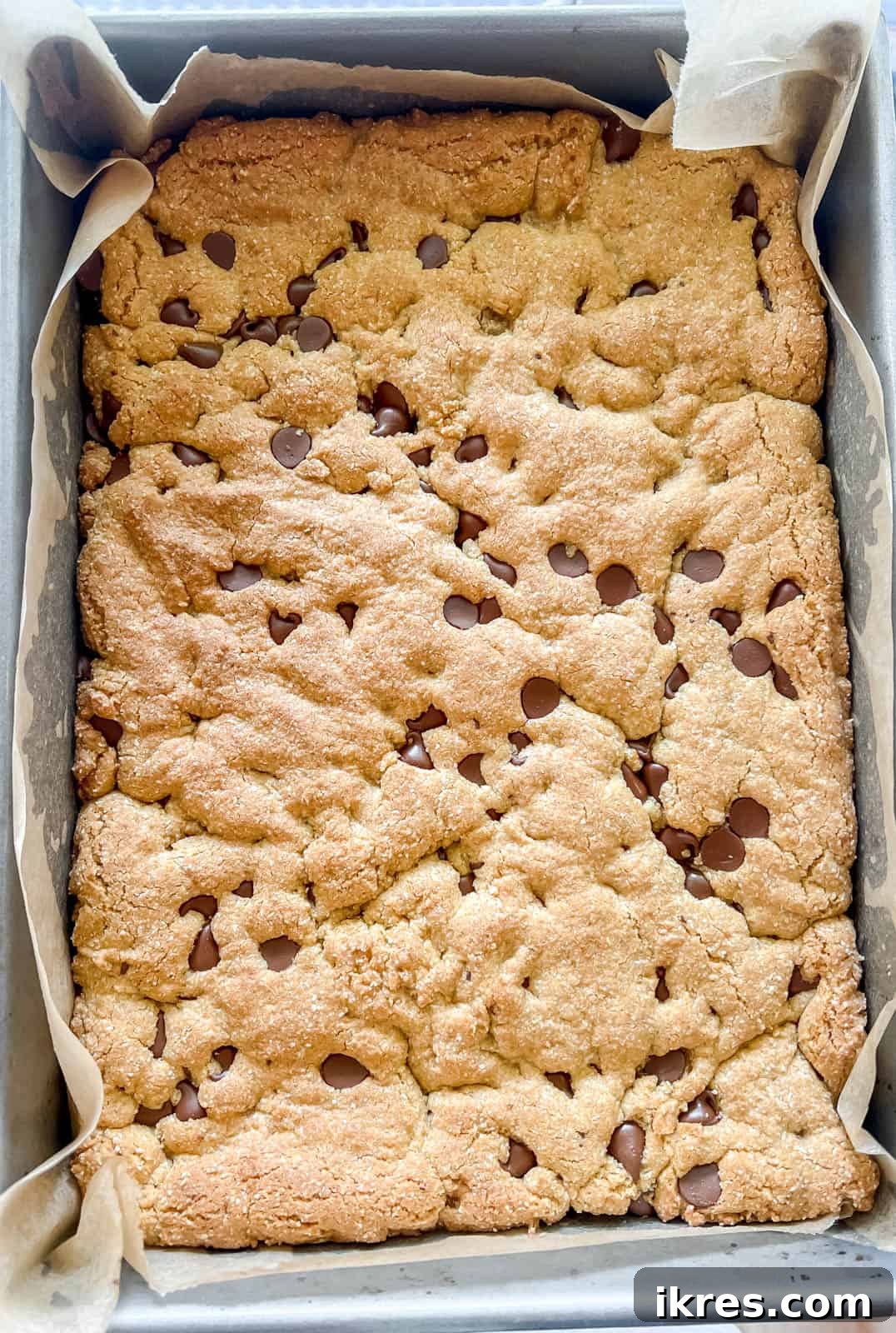 Golden Yolk Almond Chocolate Bars 8 Almond flour egg yolk cookie bars after baking, golden brown and still in the pan.