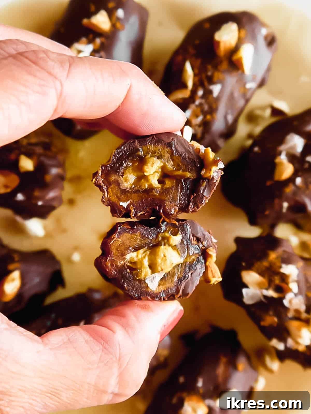 A chocolate-covered date cut in half, showcasing the pumpkin filling.