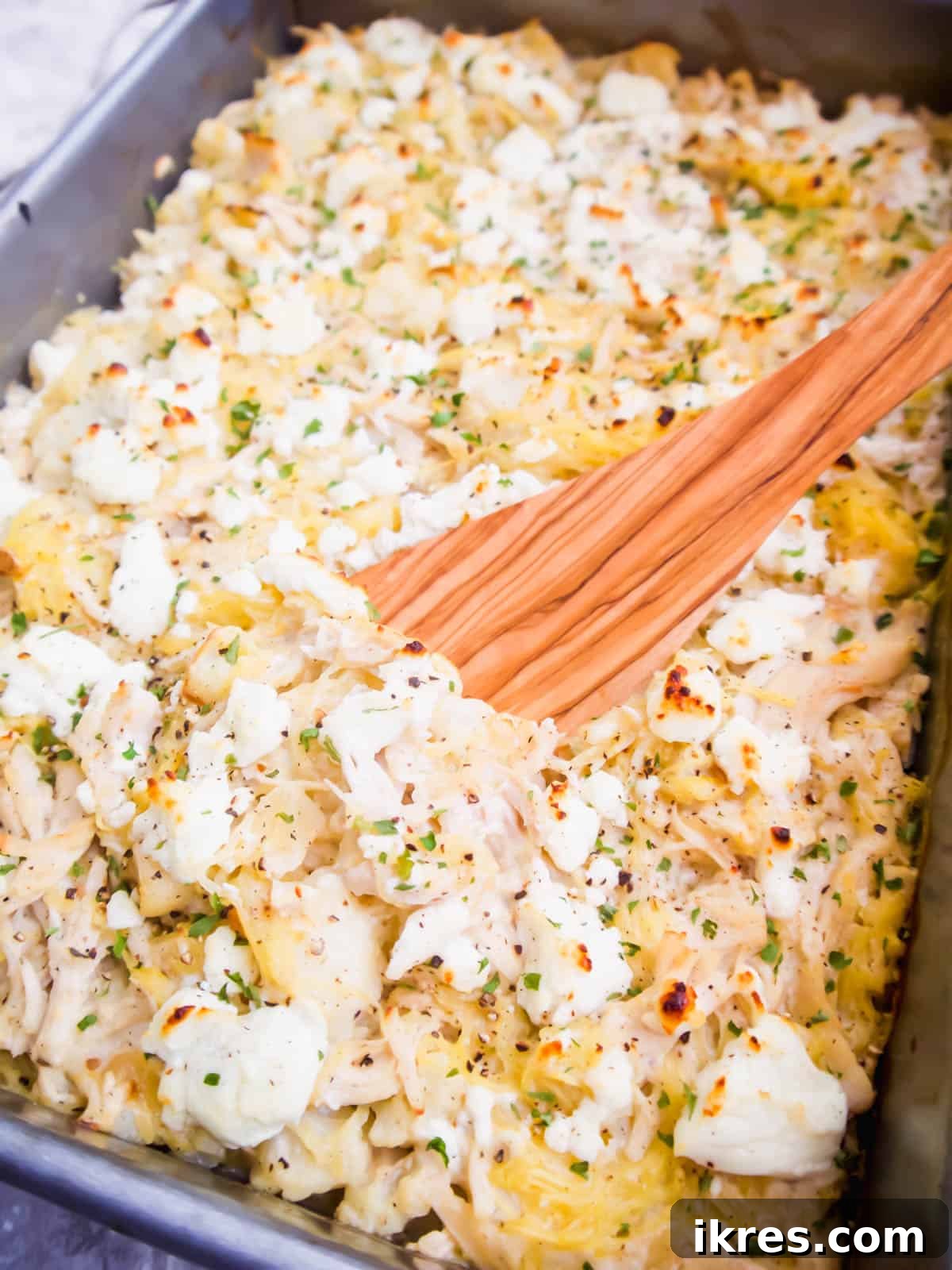 Spaghetti squash chicken casserole fresh out of the oven.