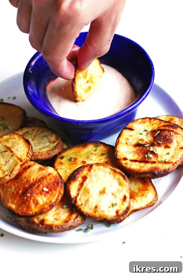 Smoky Grilled Potato Slices 3 Dipping Blue Cheese Grilled Potatoes in blue cheese dip