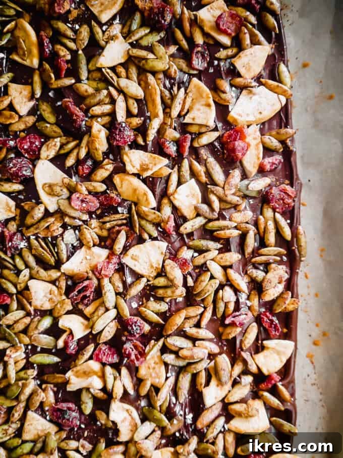 Autumn Orchard Chocolate Bark with Pepita Crunch 7 Melted chocolate spread on parchment paper, generously topped with roasted pepitas, cranberries, and dried apples.