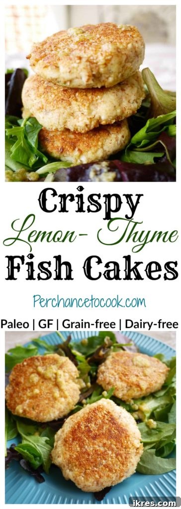 Paleo Crispy Lemon-Thyme Fish Cakes (GF) - A tall stack of fish cakes garnished with fresh thyme and lemon wedges, emphasizing their gourmet presentation.