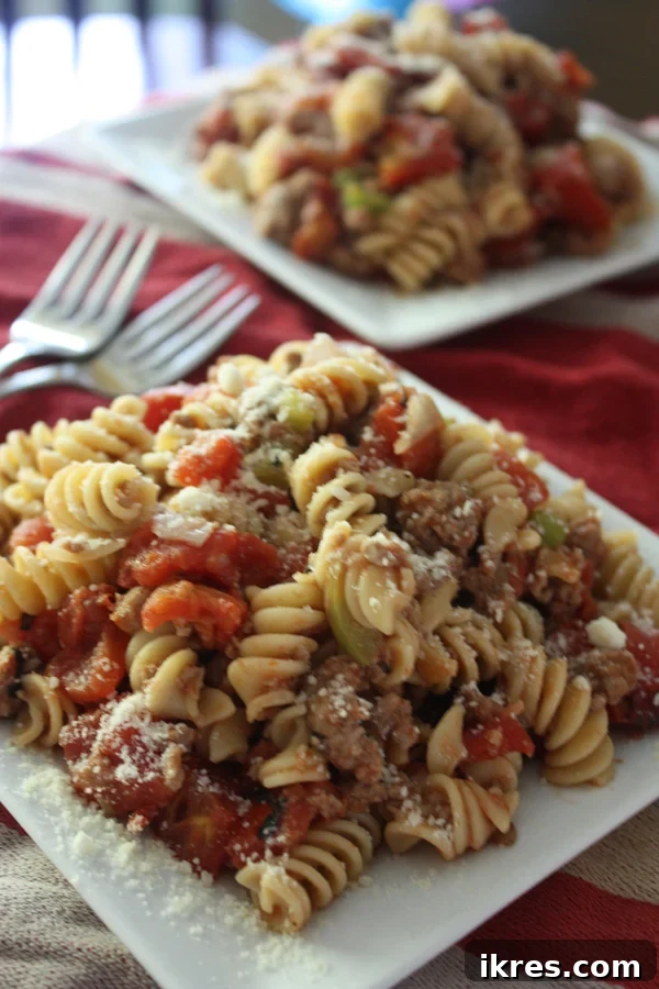 Hearty American Goulash 2 A hearty bowl of Classic American Goulash with elbow macaroni, ground meat, and a rich tomato sauce, garnished with fresh herbs.