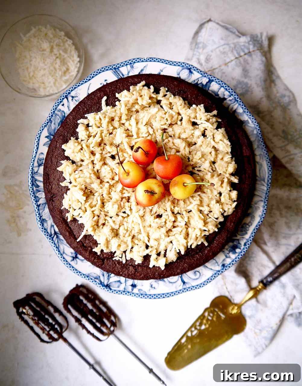 Paleo German Chocolate Cake Gluten and Dairy Free 11 Overhead view of frosted Paleo German Chocolate Cake