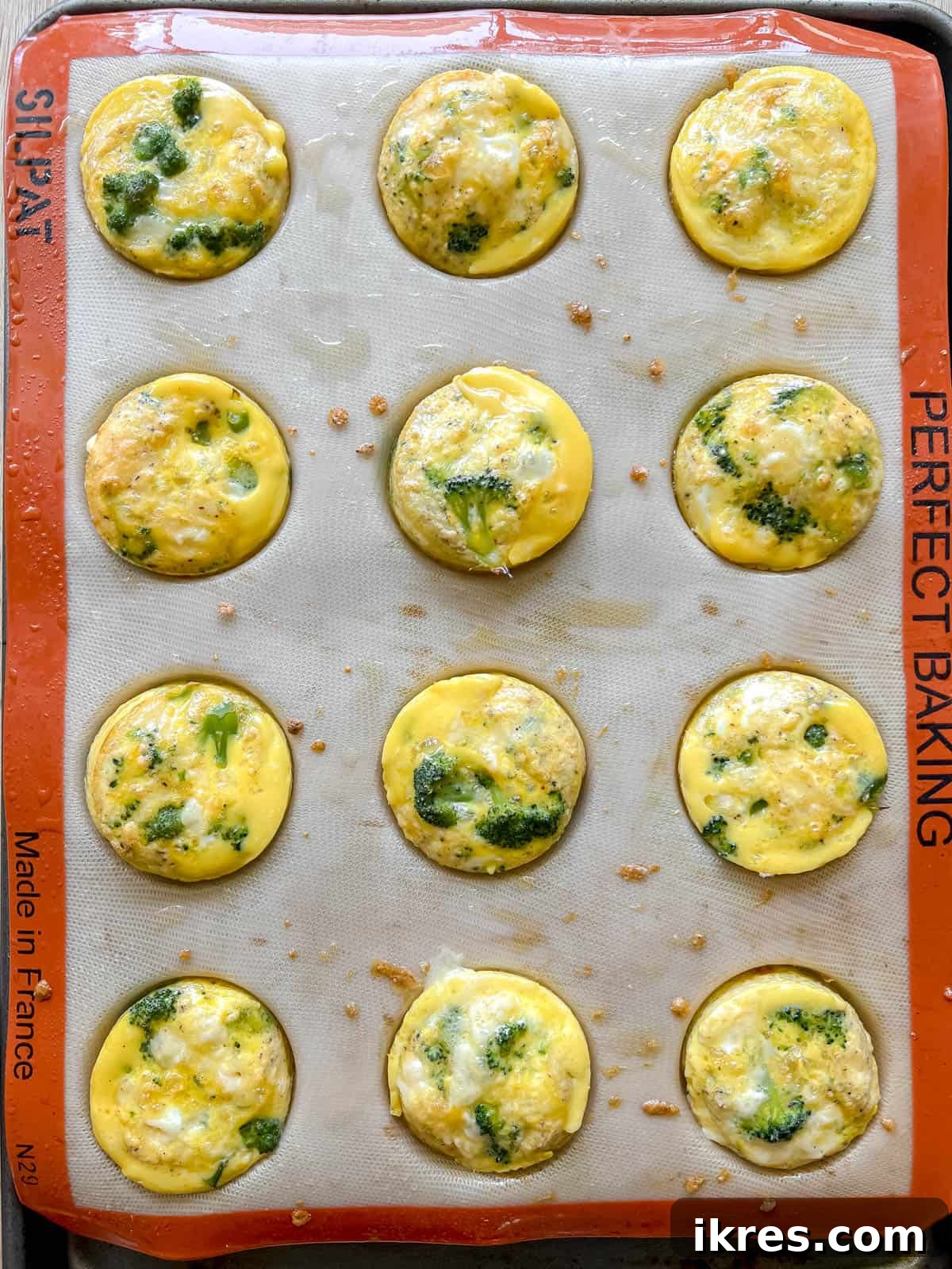Freshly baked broccoli cheddar egg muffins cooling in their silicone muffin tins after being removed from the oven.