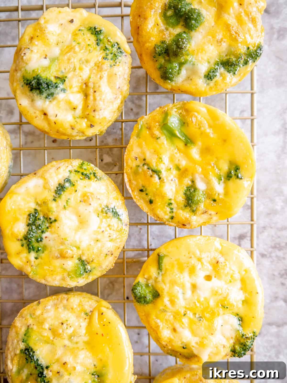 Warm broccoli cheddar Keto egg bites gently cooling on a wire rack after being removed from the muffin tin.