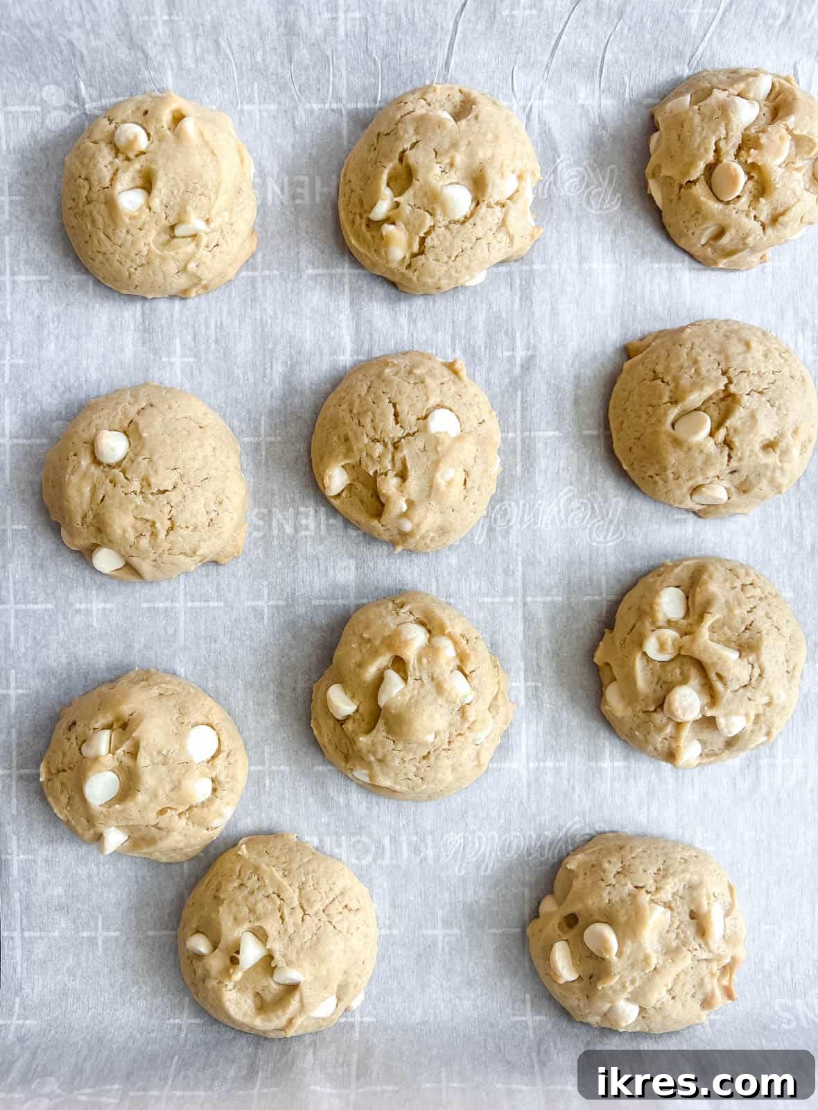 Golden-brown white chocolate chip cookies, perfectly baked and slightly cooled on a baking sheet, showcasing their soft centers and crisp edges.