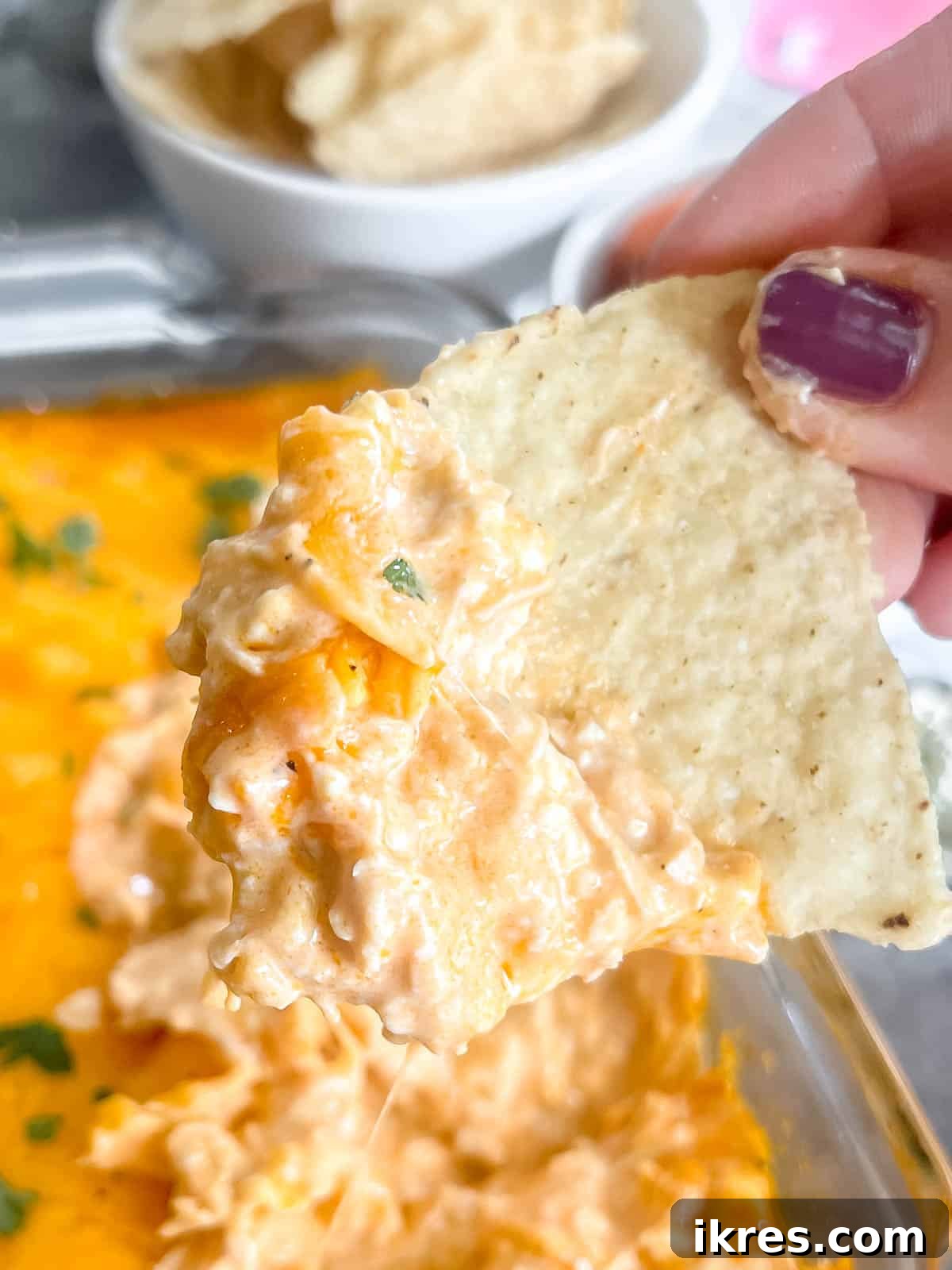A corn tortilla chip generously scooped with creamy, cheesy keto buffalo chicken dip.
