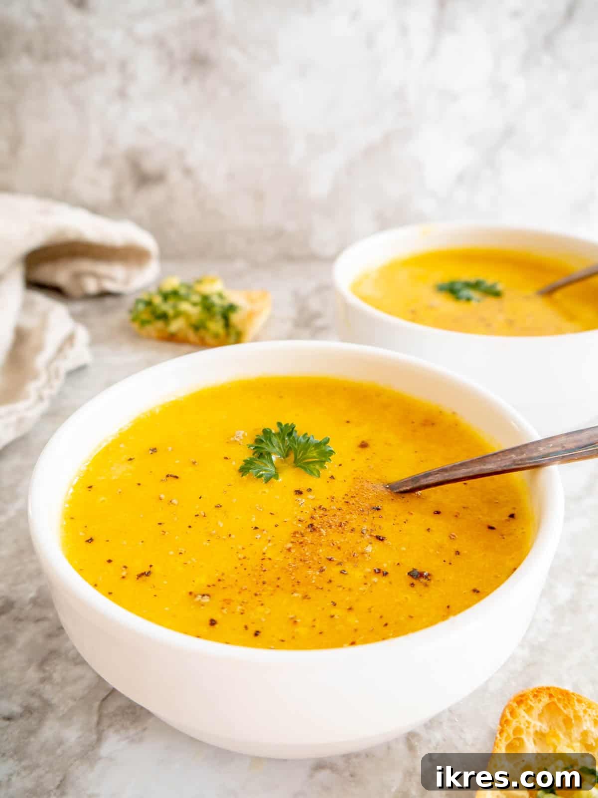 High protein butternut squash soup in a bowl with a spoon.