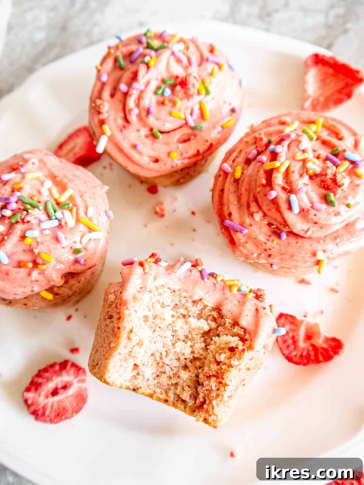 Homemade Small Batch Strawberry Cupcakes 14 A small batch strawberry cupcake with a bite taken out, showing the pink cake and frosting texture.