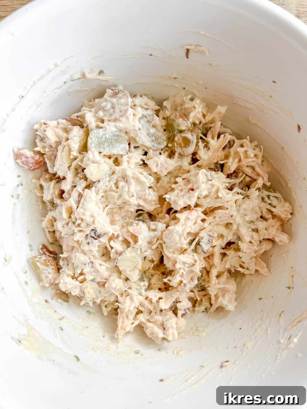 Grapes and almonds added to the high protein chicken salad.